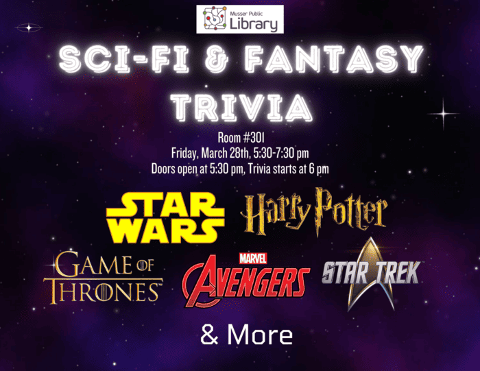 titles of popular sci-fi and fantasy series in a stary night sky