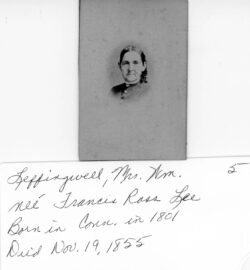 The caption reads that Mrs. Leffingwell passed away in 1855. This is the wrong year; it should be 1885. Her obituary can be located in the November 19, 1885 Daily Journal on page 2. She is buried in Greenwood Cemetery, Muscatine, Iowa.